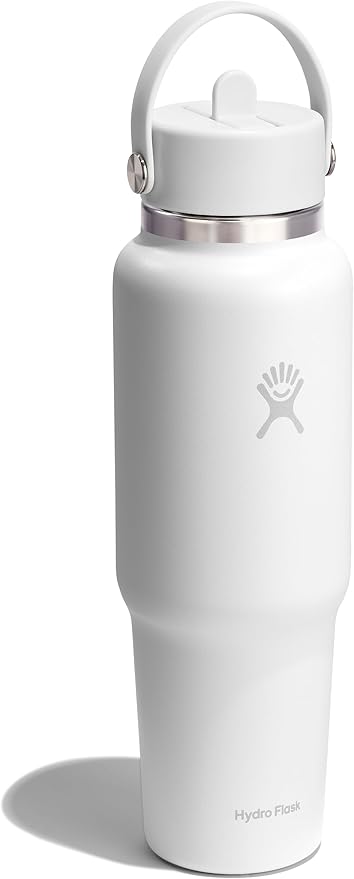 Hydro Flask Travel Water Bottle - Insulated Stainless Steel - Wide Straw Lid, Non Spill, Leakproof in 40 Oz Tonal White