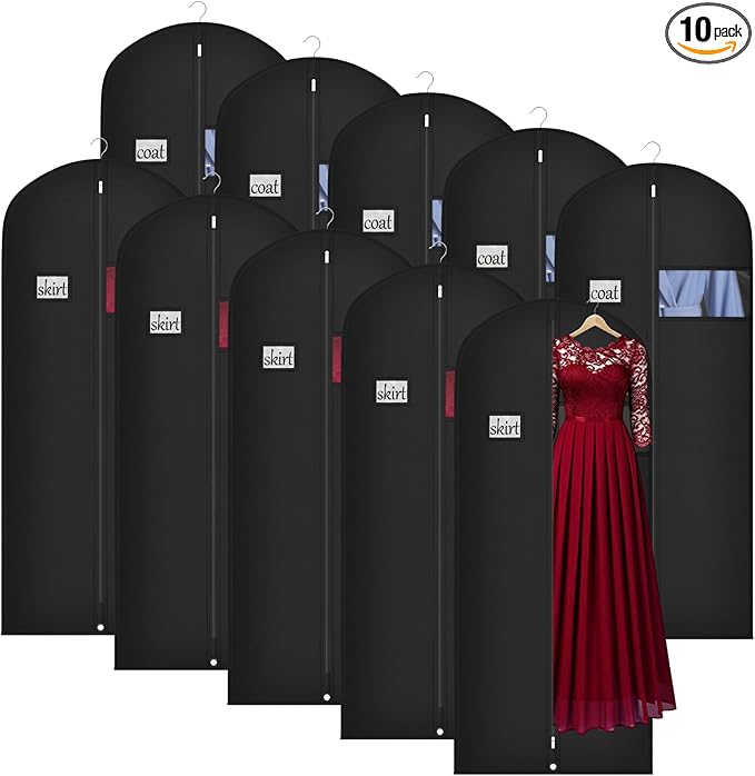 Univivi 60 Inch Lightweight Long Garment Bag for Hanging Clothes, Breathable Full Zipper Gown Dress Cover Bag with Clear Window and ID Card Holder for Suits, Long Dress, Coats -10 Pack