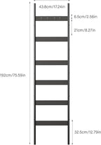Blanket Ladder, 6-Tier Towel Holder with 4 Removable Hooks, Farmhouse Wall Leaning Decorative Rack Shelf, Wooden Towel Display Rack, Quilt Ladder for Living Room, Bedroom, Black