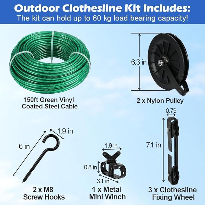 Outdoor Clothesline Kit, 150ft Green PVC Coated Galvanized Clothes Line Pulley Kit with 6.3" Clothesline Pulley, M8 Metal Hooks, 3Pcs Separator, Outdoor Clothes Line Heavy Duty