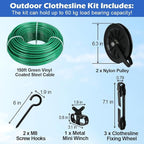 Outdoor Clothesline Kit, 150ft Green PVC Coated Galvanized Clothes Line Pulley Kit with 6.3" Clothesline Pulley, M8 Metal Hooks, 3Pcs Separator, Outdoor Clothes Line Heavy Duty