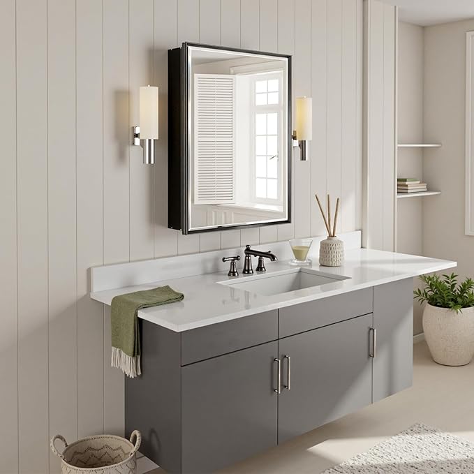 20x26 Pre-Assembled Black Medicine Cabinet with Mirror, Surface or Recessed Medicine Cabinet Mirror for Bathroom, Aluminum Beveled Frame Bathroom Vanity Mirror with Adjustable Shelves Storage