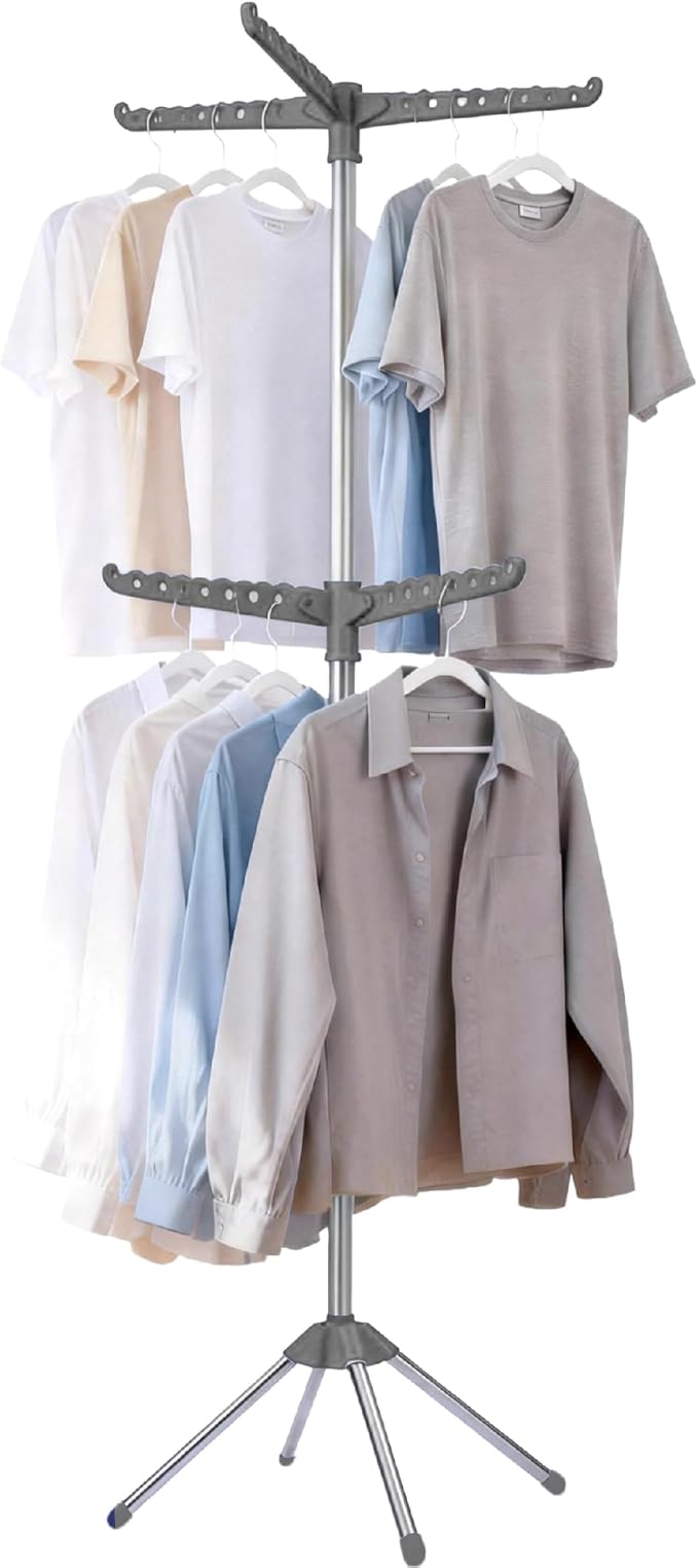 Beaudaily Clothes Drying Rack, Foldable 74.8-Inch Laundry Drying Rack, Indoor 2 Tier Drying Rack Clothing with Rotatable Arms, Stainless Steel, Holds 54 Pieces, Space Saving, Grey and Silver