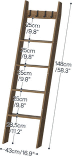 HOOBRO Blanket Ladder for Living Room and Bedroom, 5-Tier Wall Leaning Towel Rack for Bathroom, Decorative Ladder Shelf with 4 Removable Hooks, Farmhouse Blanket Storage, Mocha MA51CJ01G1