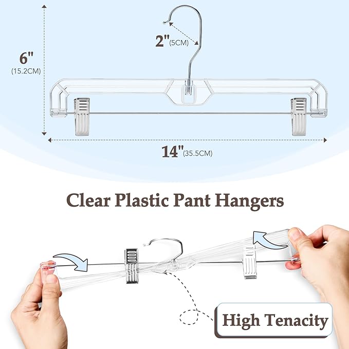 HOUSE DAY 50 Pack 14 inch Clear Plastic Pants Hangers with Clips, Skirt Hangers, Clip Hangers for Pants, Trouser Bulk Plastic Pant Hangers