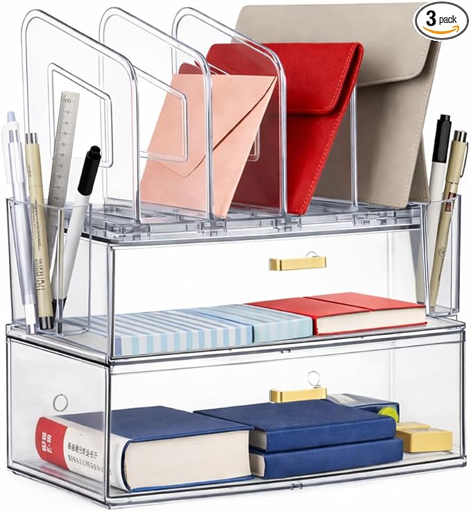 Acrylic Desk Organizer with Drawer, Office Supplies,Organization Storage, 2 PC Drawer Organizer with 4 File Sorter, Desk Organizers and Accessories, Clear Acrylic File Organizer