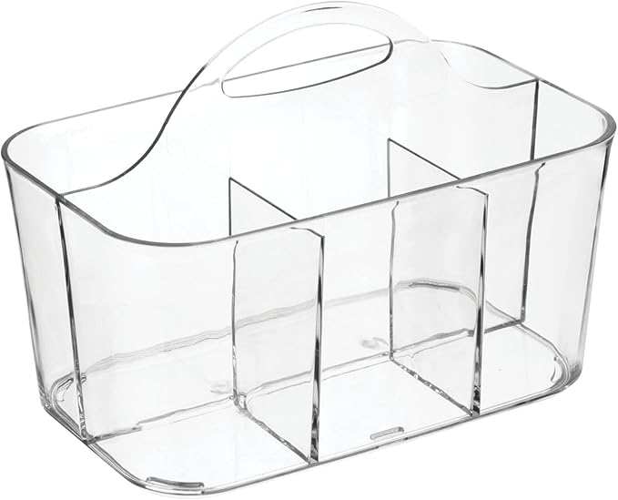 mDesign School Supplies Desk Organizer Tote for Scissors, Pens, Pencils, Notepads, Markers, Highlighters, Tape - Small, Clear