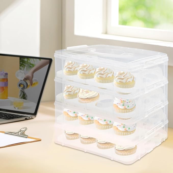 4-Tiers Cupcake Carrier, Cupcake Holder, Cupcake and Brownie Storage Carrier, Stacking Cupcake Storage Container Store up to 48 Cupcakes
