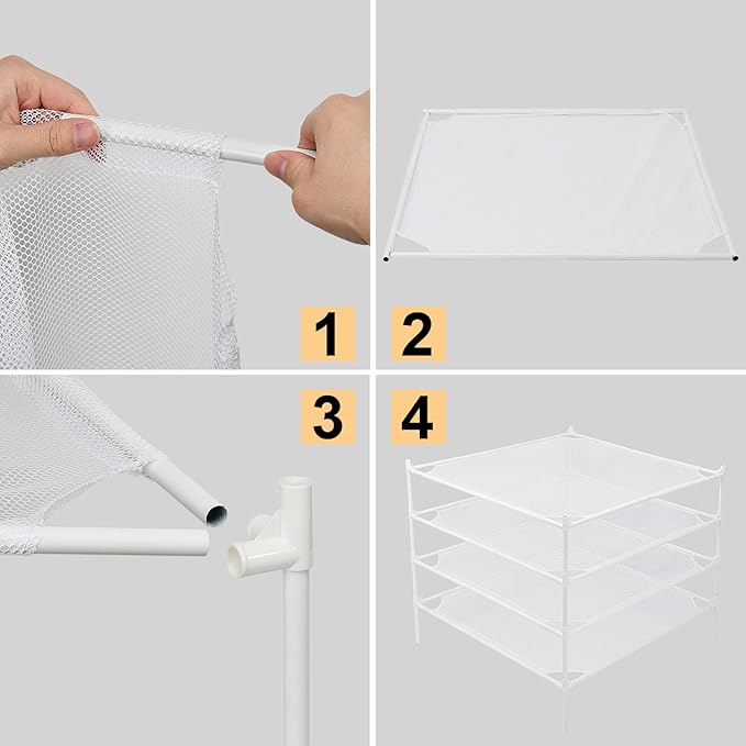 Sweater Drying Rack Flat, Metal Tube Mesh Clothes Drying Rack for Laundry with Rubber Feet, Stackable Laundry Clothing Dryer Rack for Art, Clothes, Indoor & Outdoor, White, 4-Layer