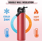 24oz Insulated Stainless Steel Water Bottle, Wide Mouth Double Wall Vacuum, Silicone Straw, Sweat & Leak Proof, BPA Free Insulated Water Flask for Travel, Keep Cold 24h Hot 12h, Scarlet