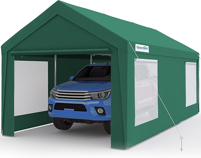 Quictent 10x20 FT Heavy Duty Upgraded Carport, Reinforced Galvanized Outdoor Garage Canopy Tent with Roll-up Ventilated Windows & Sidewalls, Weatherproof Shelter for Car, Boat, RV - Green