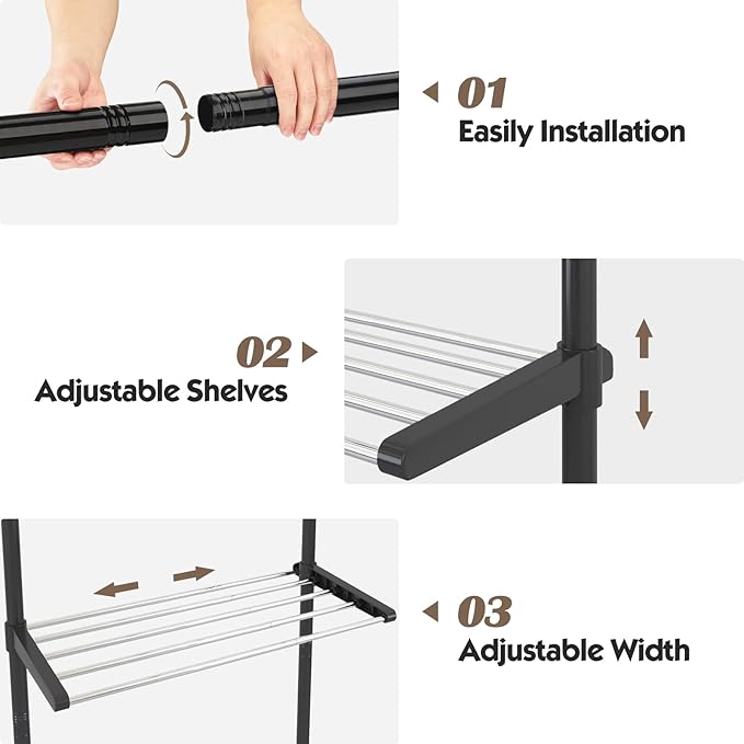 YeYeBest Over The Toilet Storage, 91-124 Inch Adjustable Bathroom Organizer, 4-Tier Stainless Steel Toilet Rack Storage Shelf, Bathroom Organizer, Easy to Assemble Spacesaver, DIY Size Height, Black