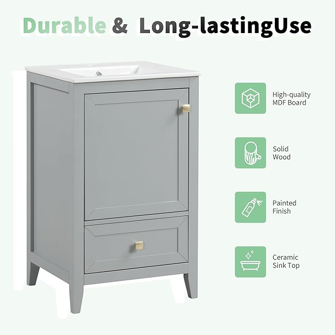20 in Small Bathroom Vanity with Sink,Wood Modern Single Bathroom Sink Cabinet with Soft Closing Door and Drawer,Freestanding Grey