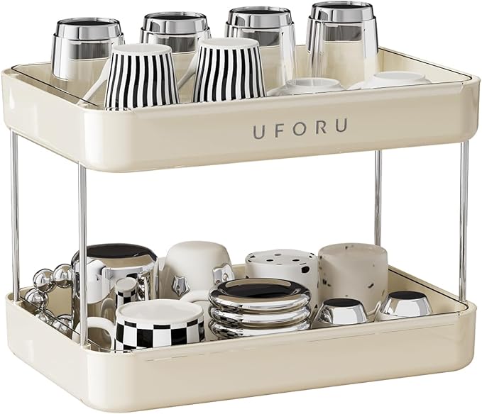 Countertop Coffee Station Organizer, 2 Tier Wine Glass Holder, Mug Shelf with Removable Drain Tray, Spice Rack for Kitchen, Bathroom Countertop Organizer, Cream White