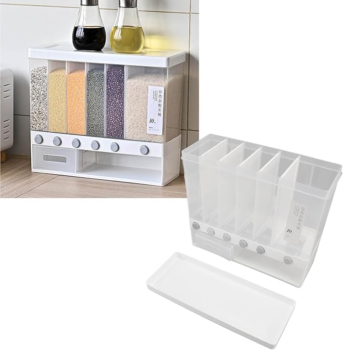 Divided Rice and Cereal Dispenser 6 Grid Food Storage Containers Grain Storage Box Household Food Dispensers 10L Capacity Suitable for Rice Beans Wall Mounted Dry Food
