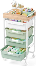 Rolling Craft Storage Cart with 4 Drawers,Utility Cart with Drawers,Art Craft Organizers and Storage,Kids Craft Cart,Kids Art Cart With DIY Lable and Wooden Tabletop Area,Green