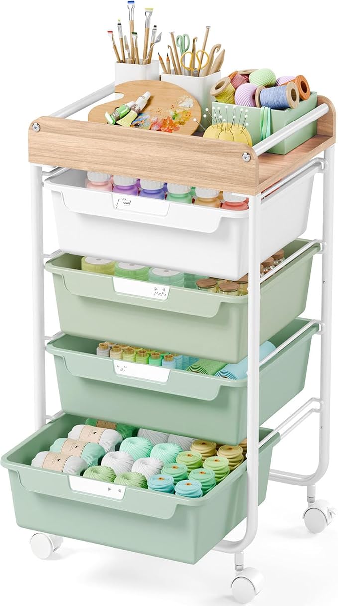 Rolling Craft Storage Cart with 4 Drawers,Utility Cart with Drawers,Art Craft Organizers and Storage,Kids Craft Cart,Kids Art Cart With DIY Lable and Wooden Tabletop Area,Green