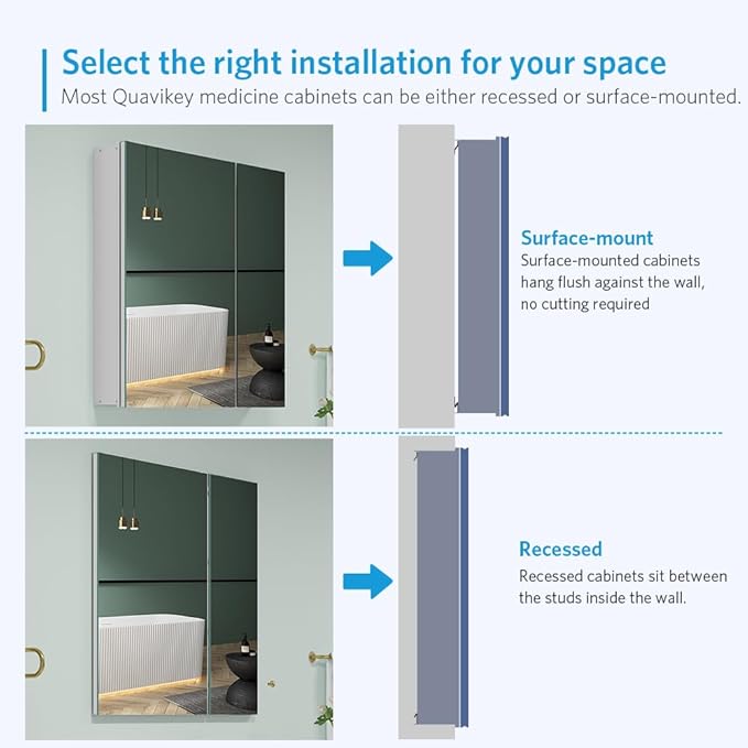 Quavikey Medicine Cabinet for Bathroom with Mirror 2 Doors Aluminum Surface Mount or Recessed Mirror Medicine Cabinet 30x30 Inch, Silver