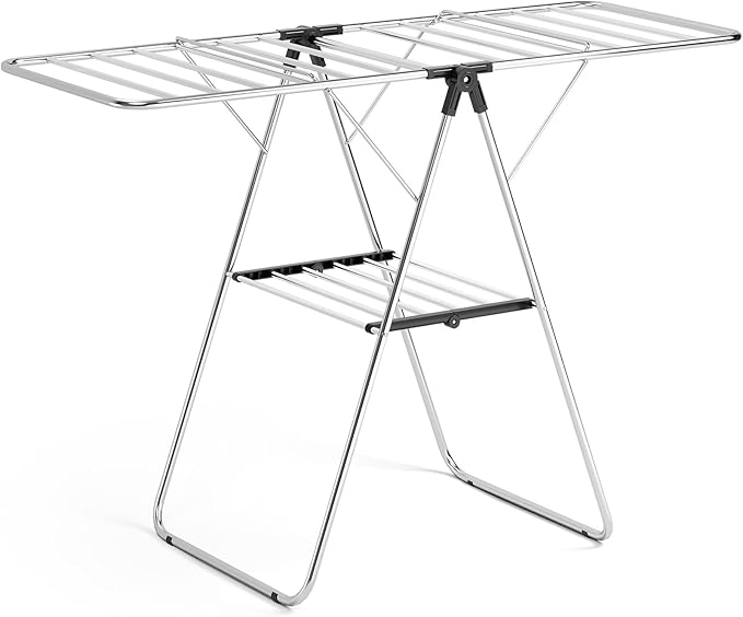 KINGBOARD Clothes Drying Rack, Stainless Steel Laundry Drying Rack with Height-Adjustable, Foldable Gullwing for Easy Storage, No Assembly, Indoor Outdoor Use, 56.4" D x 21.6" W x 39.3" H, Black