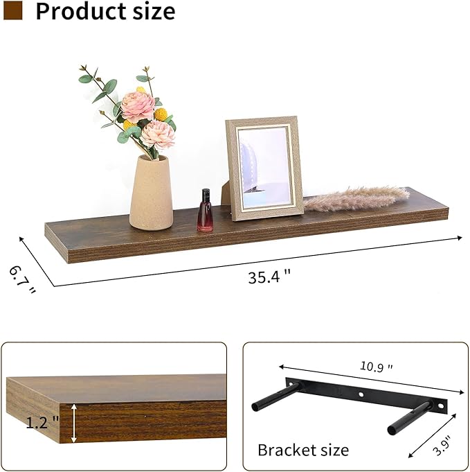 Floating Shelves for Wall, Wall Mounted Rustic Wood Shelves for Bathroom, Bedroom, Living Room, Kitchen, Hanging Shelf for Books/Storage/Room (Brown Wood Grain, 35.4")