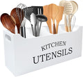 Kitchen Utensil Holder with Drainage Bottom, Extra Large 4 Compartments Solid Real Wood Utensil Organizer for Kitchen Counter, Farmhouse Cooking Tools Storage for Countertop, White