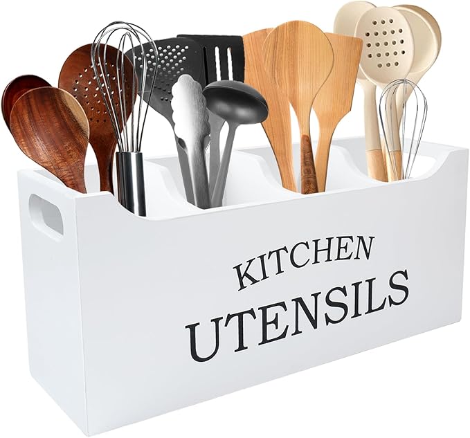 Kitchen Utensil Holder with Drainage Bottom, Extra Large 4 Compartments Solid Real Wood Utensil Organizer for Kitchen Counter, Farmhouse Cooking Tools Storage for Countertop, White