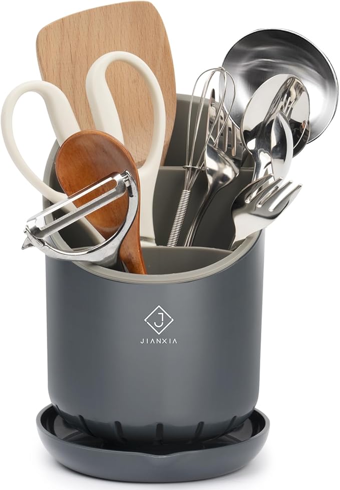 Utensil Drying Holder for Kitchen Counter，Kitchen Utensil Crock with Detachable Base Self Draining Small Utensil Cutlery Flatware Silverware Holder Drainer Cup（Black）
