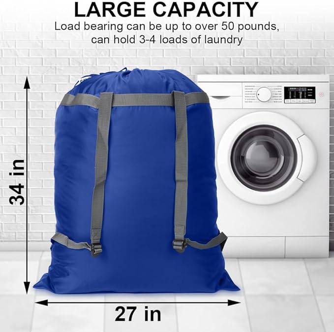 Laundry Bag Backpack, 27” x 34”Sturdy Laundry Bag with Shoulder Straps Drawstring Closure Heavy Duty Foldable Laundry Backpack for College, Travel, Laundromat, Apartment (blue)