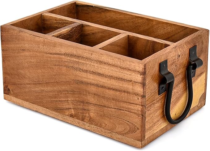 Utensil Holder Acacia Wood 4-Compartment Kitchen Countertop Organizer for Cooking Tools & Flatware with Black Iron Handle (9" X 6" X 4.5")