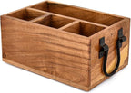 Utensil Holder Acacia Wood 4-Compartment Kitchen Countertop Organizer for Cooking Tools & Flatware with Black Iron Handle (9" X 6" X 4.5")
