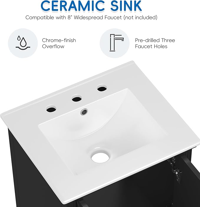 20" Small Bathroom Vanity with Sink,Doors and Drawer,Wood Mid-Century Modern Bathroom Sink Cabinets with Adiustable Foot Pads,for Small Space,Freestanding (Black)