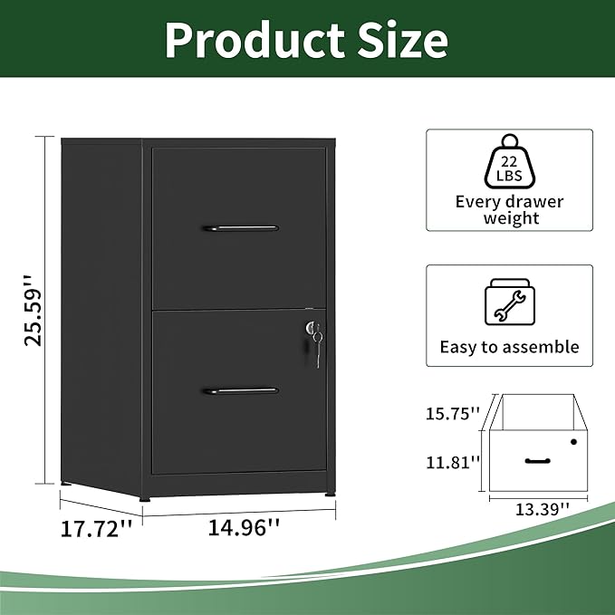 2 Drawer File Cabinet,Vertical Filing Cabinets for Home Office,Metal Steel Storage Cabinet for Letter/Legal Size File,Assembly Required(Black)
