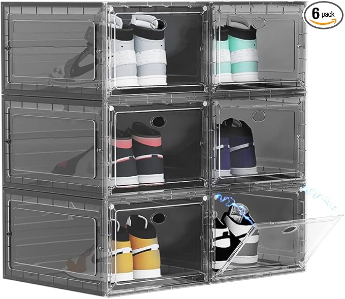 US 15 XXL 6 Pack Shoe Storage Box, Shoe Boxes Clear Plastic Stackable, Shoe Container for Organizing Sneaker and Basketball Shoes (XL BLACK 6 PACK)