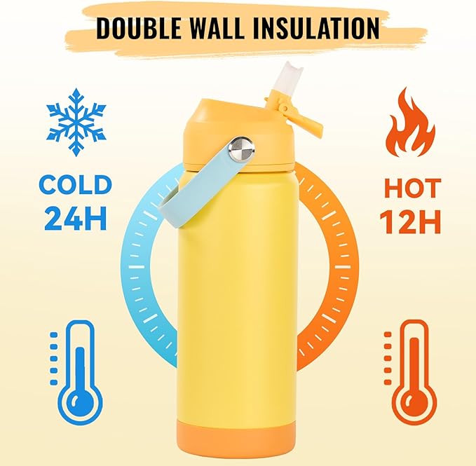 18oz Insulated Stainless Steel Water Bottle, Wide Mouth Double Wall Vacuum, Silicone Straw, Sweat & Leak Proof, BPA Free Insulated Water Flask for Travel, Keep Cold 24h Hot 12h, Lemon