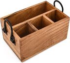 Utensil Holder Acacia Wood 4-Compartment Kitchen Countertop Organizer for Cooking Tools & Flatware with Black Iron Handle (9" X 6" X 4.5")