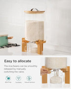 HBlife Glass Rice Dispenser with Wooden Stand Flour and Cereal Container with Glass Measuring Cup Pantry Food Organization Storage Bin with Airtight Bamboo Lid, 3L+5L
