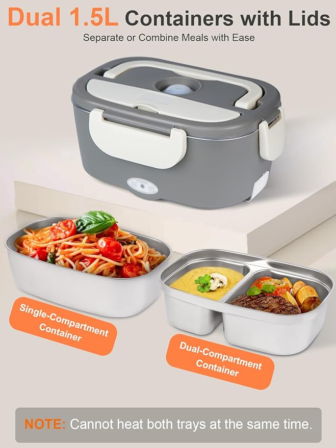 Electric Lunch Box Food Heater, 80W Heated Lunch Box for Adults, 12V 24V 110V Portable Food Warmer LunchBox for Car Truck Work with Removable 304 Stainless Steel Container White