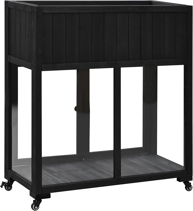 Patio 35.4"x17.7"x37.4" Mini Wood Cold Frame, Compact 2 Doors Garden Greenhouse with Wheels, Raised Bed with Liner for Indoor Outdoor Use, Black