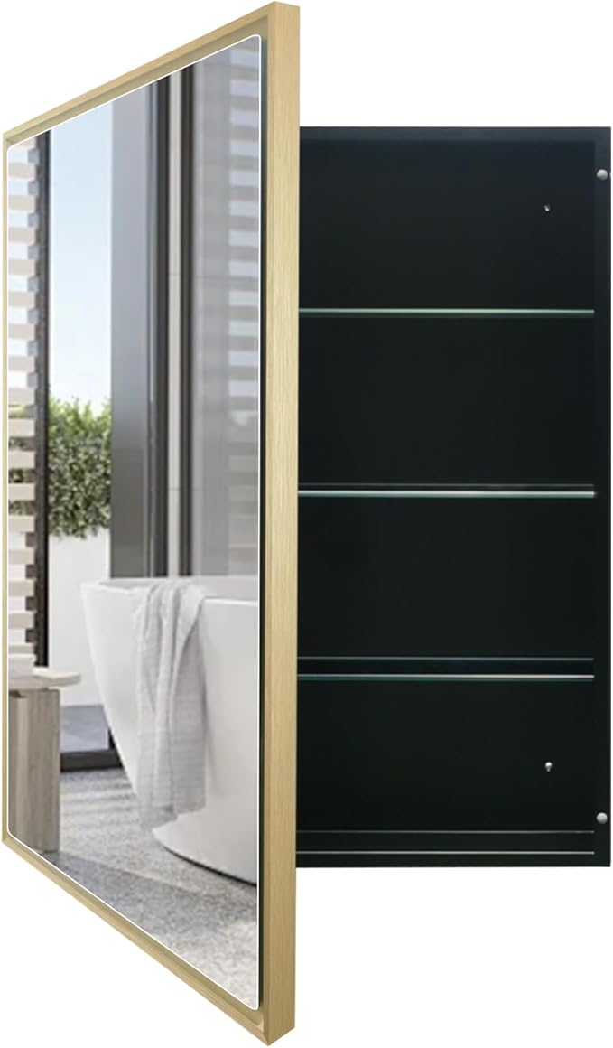Bathroom Medicine Cabinet with 24x30 Inch Mirror - Recessed or Surface Mount Vanity Storage Cabinet｜ Antique Brush Gold Finish ｜ Rustic Farmhouse Bathroom Mirror Cabinet