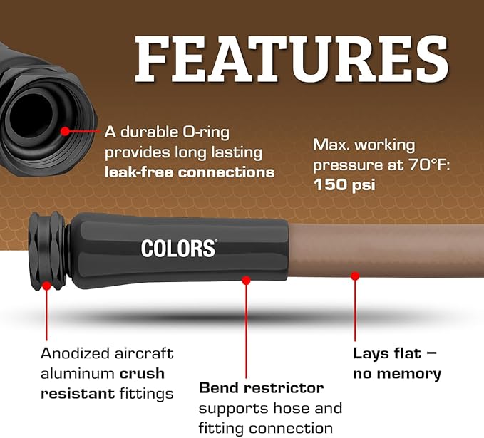 Flexzilla Colors Garden Hose 5/8 in. x 50 ft., Lightweight All-Weather Water Hose, Durable and Flexible, Leak-Free Connections, Brown Mulch