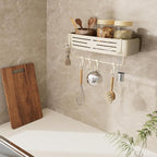 Onemake Aluminum Shower Caddy Suction Cup, No Drilling Bathroom Shower Shelf, Corner Shower Caddy with 6 Portable Hooks, Removable Bath Organizer with Towel Bar for Bathroom Storage(Cream White)