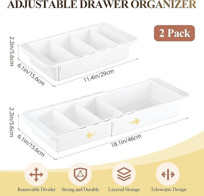 2 Pcs Expandable Drawer Organizer Bins Adjustable Deep Drawer Hanging Organizer Tray Expandable 11.4 to 18.1 Inches Plastic Dividers Storage for Office Bathroom Bedroom Kitchen Desk, White