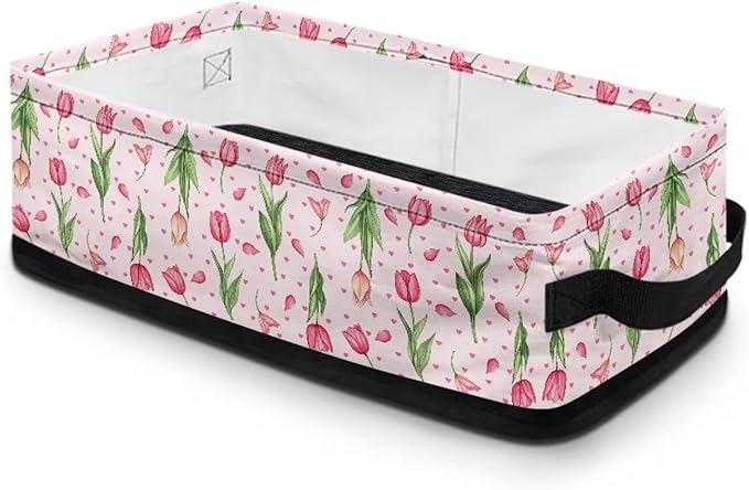 Storage Basket with Handles Collapsible Storage Bins Rectangular Fabric Organizer Box Multi-Use Shelf Baskets for Bedroom Bathroom Decor, Tulip Flower Pink Petal