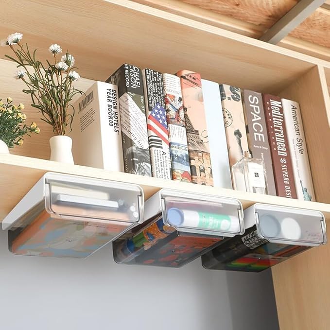 Self-adhesive Under Desk Drawer Organizer, Table Hidden Slide Out Large Storage Mounted Desktop Pencil Holder Tray Drawers for Office Home School Stationery Kitchen (Black)