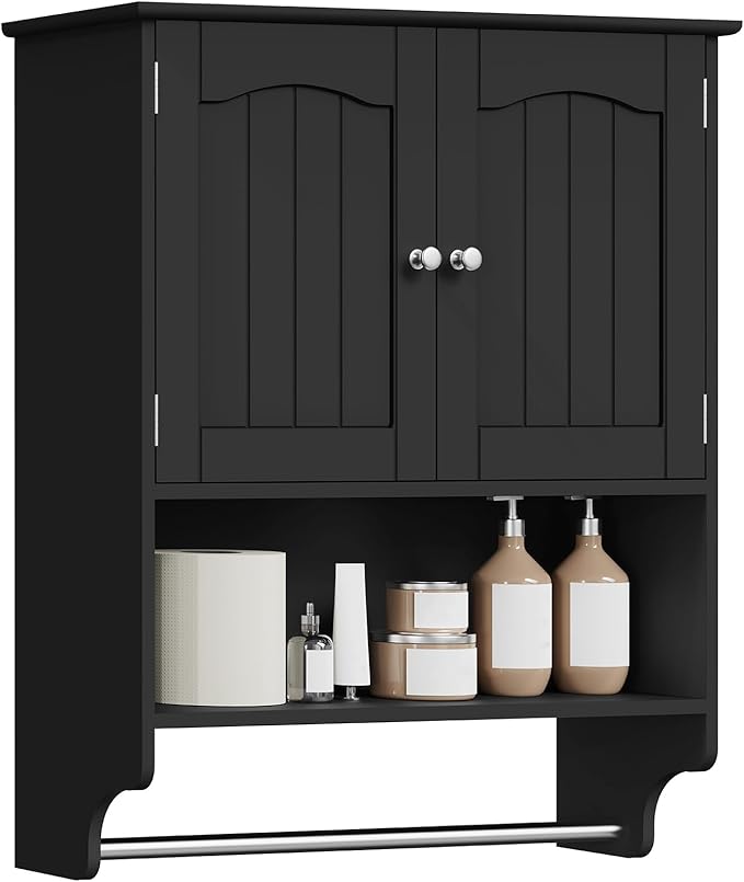 Iwell Bathroom Wall Cabinet with Adjustable Shelf & Doors, Over The Toilet Storage Cabinet, Medicine Cabinet for Bathroom, Laundry Room, Kitchen, Black