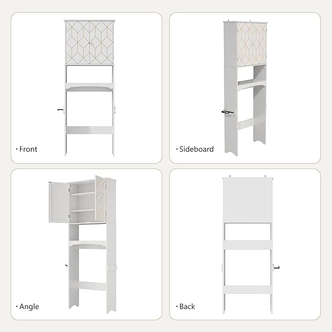 Over The Toilet Storage Cabinet with Gold Trim, Modern Bathroom Organizer Over Toilet with Adjustable Shelves and Toilet Paper Holder for Bathroom (White)