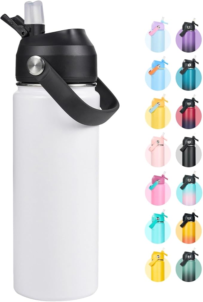 32oz Insulated Stainless Steel Water Bottle, Wide Mouth Double Wall Vacuum, Silicone Straw, Sweat & Leak Proof, BPA Free Insulated Water Flask for Travel, Keep Cold 24h Hot 12h, White