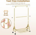 Heavy Duty Clothes Rack for Hanging Clothes, Double Rods Clothing Rack with Lockable Wheels, Rolling Garment Racks with Shelf, Easy to Assemble, Gold