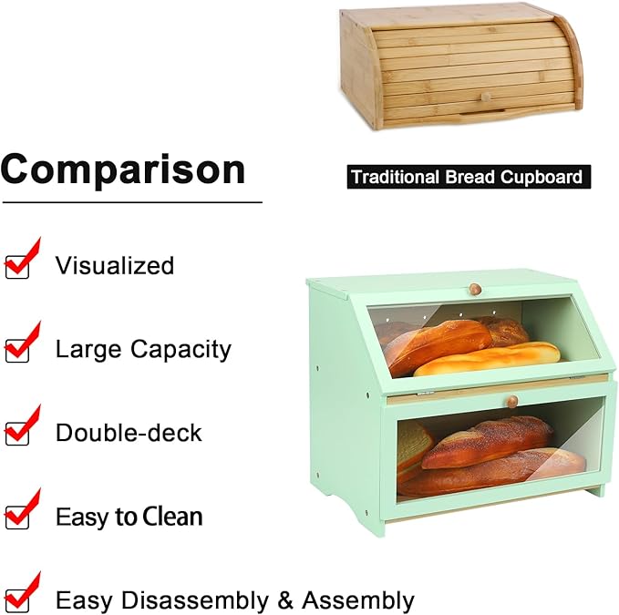 HOMEKOKO Double Layer Large Bread Box for Kitchen Counter, Wooden Large Capacity Bread Storage Bin (Mint Green)