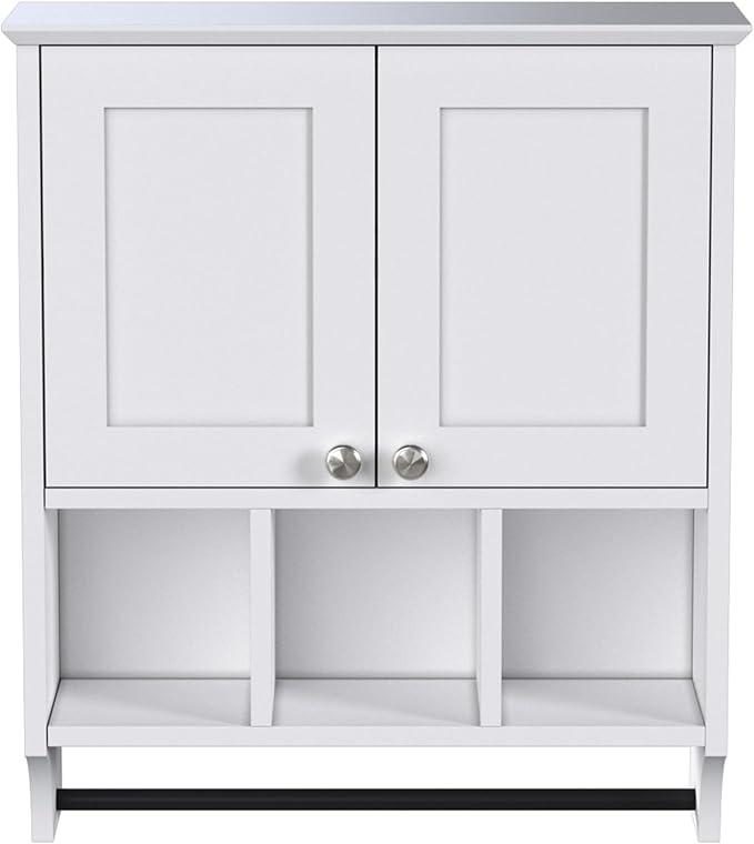 Bathroom Medicine Cabinet, Bathroom Cabinet Wall Mounted Over-The-Toilet with Towel Bar, 2 Doors & 3 Open Shelves, White
